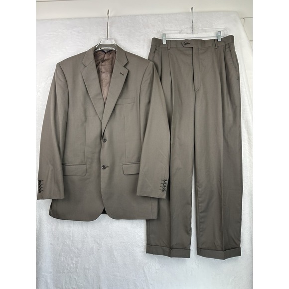 Joseph & Feiss Gold Mens Suit 42R W34XL29.5 Pants Gray Brown Pinstripe Wool - Picture 1 of 16
